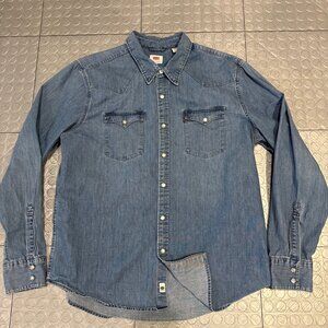 Levi’s Western Cone Mills Denim Pearl Snap Front Shirt Worn Washed Denim XL